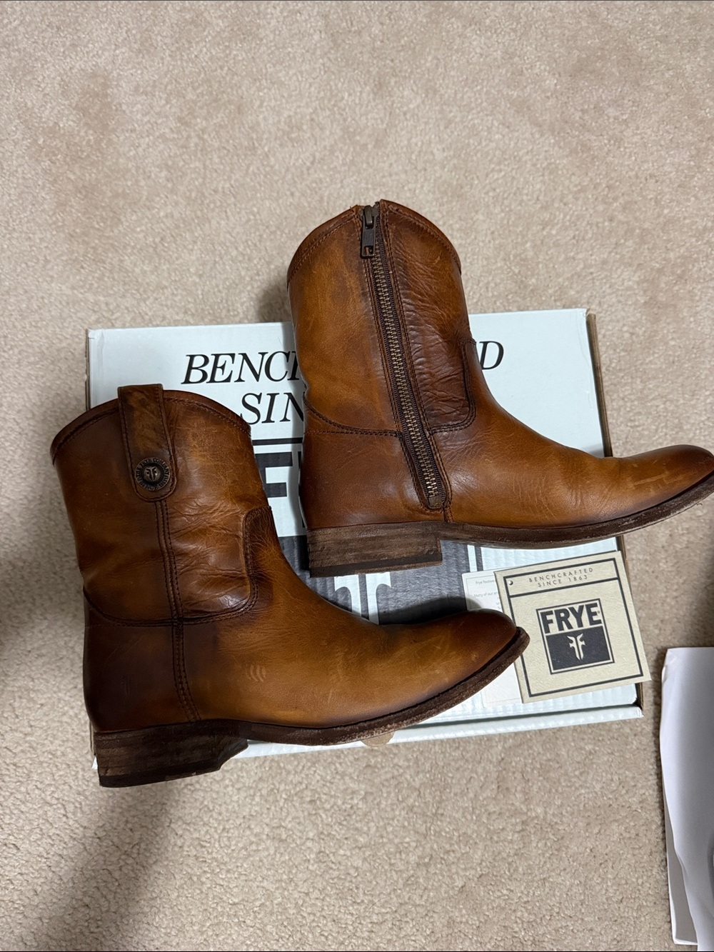 Frye Cognac Brown Leather Zip-Back Ankle Boots 5.5